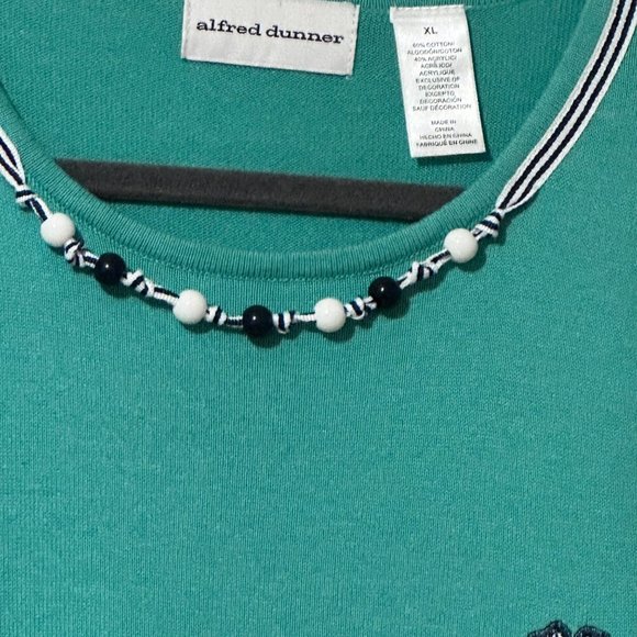 Alfred Dunner size XL green appliqué attached beaded necklace 3/4 sleeve sweater - Picture 3 of 8